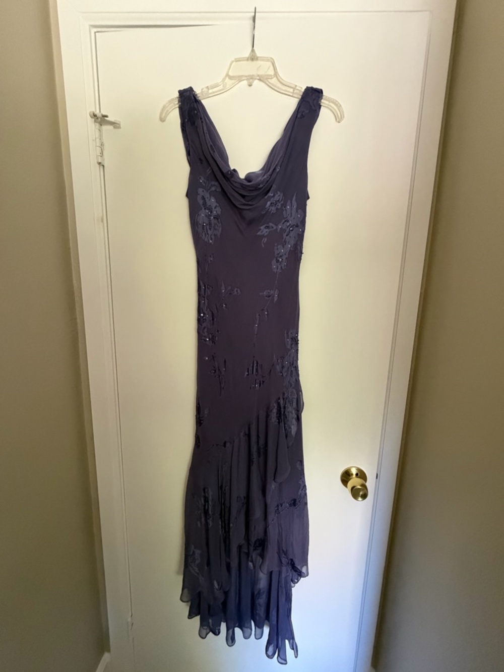 Elegant Women's Cowl Neck Evening Dress in Deep Lavender